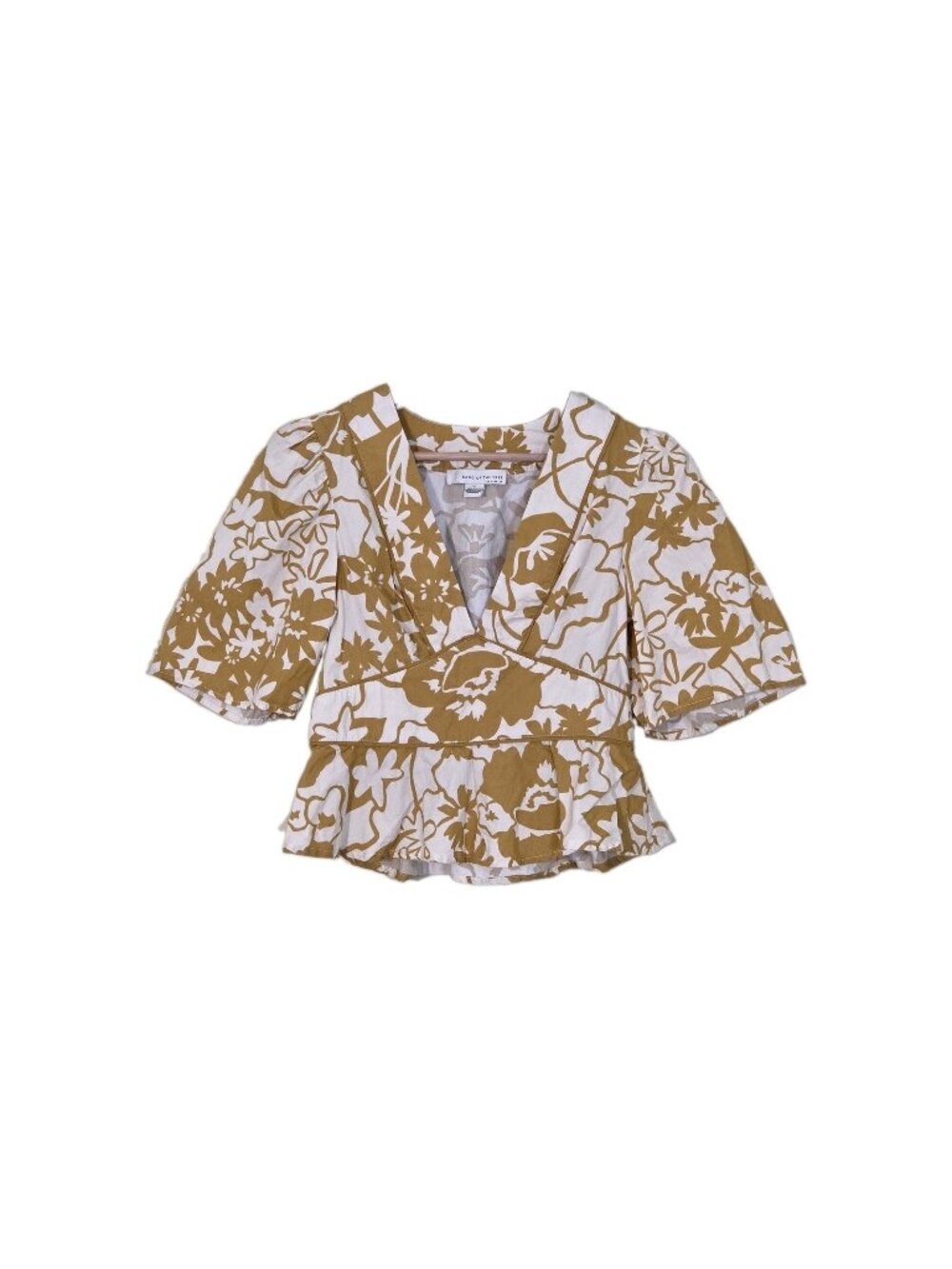 Band of the Free Deep V Neck Peplum Top M Floral Puff Sleeve Mustard Cream Boho